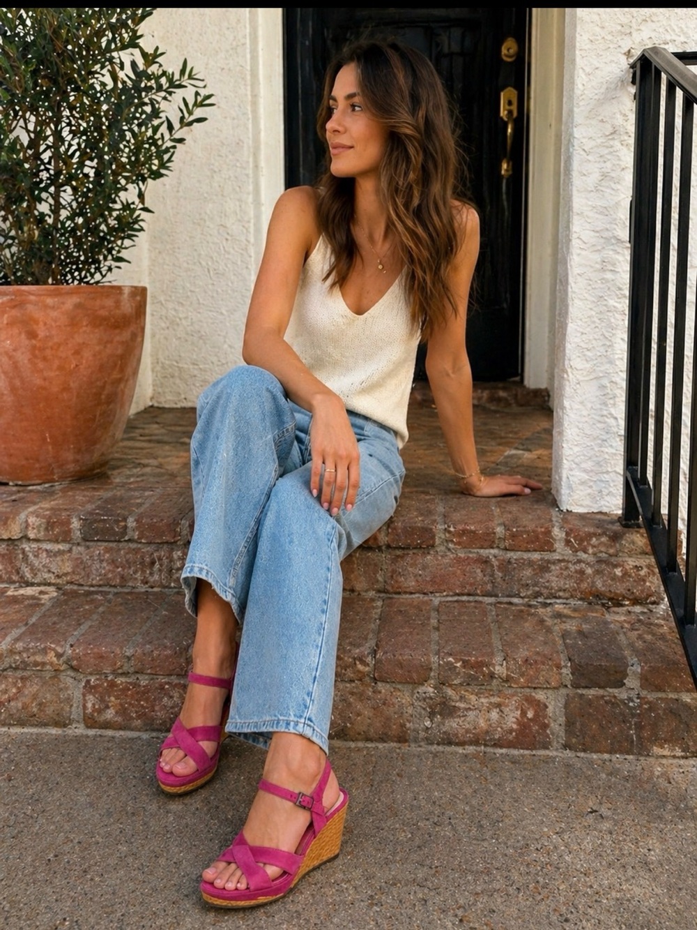 Aerosoles plush money hot pink and orange wedge leather sandals